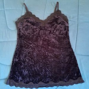 Black Crushed Velvet Tank Top with Lace Edging